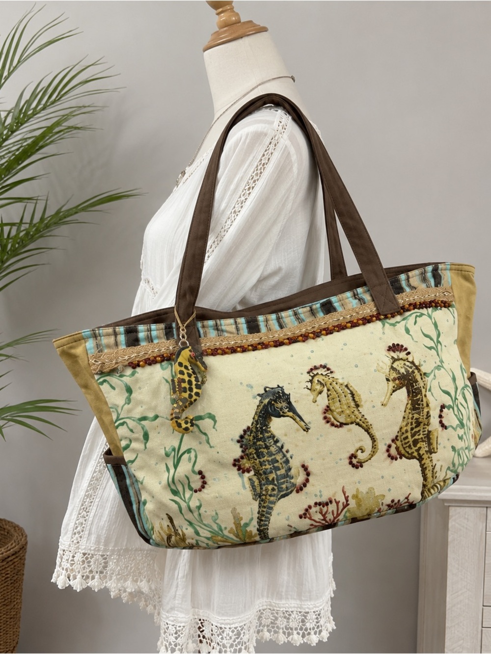 Kate McRostie Sun N Sand Seahorse Canvas Beach Tote Bag Beaded Coastal Large